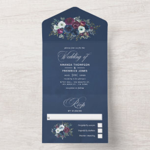 Plum and Navy Blue Floral Wedding All In One Invit Invitation