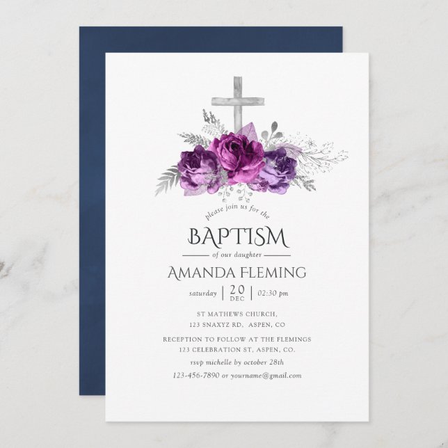 Plum and Navy Floral Baptism or Christening Invitation (Front/Back)