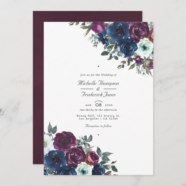 Plum and Navy Floral QR Code RSVP Wedding Invitation (Front/Back)