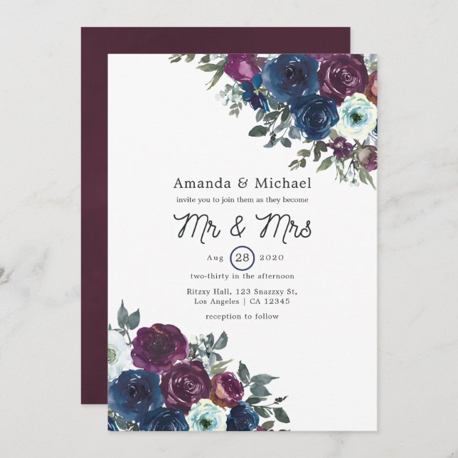 Plum and Navy Floral Wedding Invitation (Front/Back)