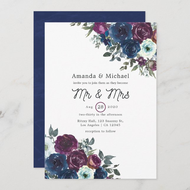 Plum and Navy Floral Wedding Invitation (Front/Back)