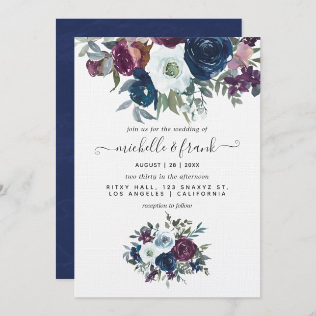 Plum and Navy Floral Wedding Invitation (Front/Back)