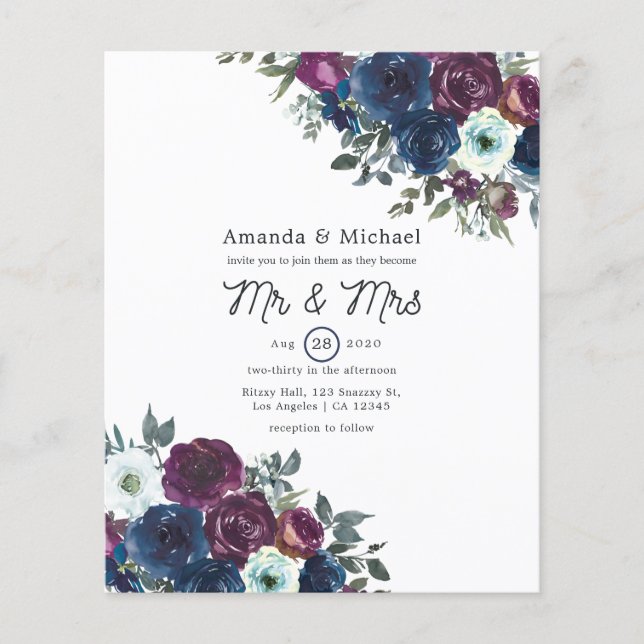 Plum and Navy Floral Wedding Invitation Flyer (Front)