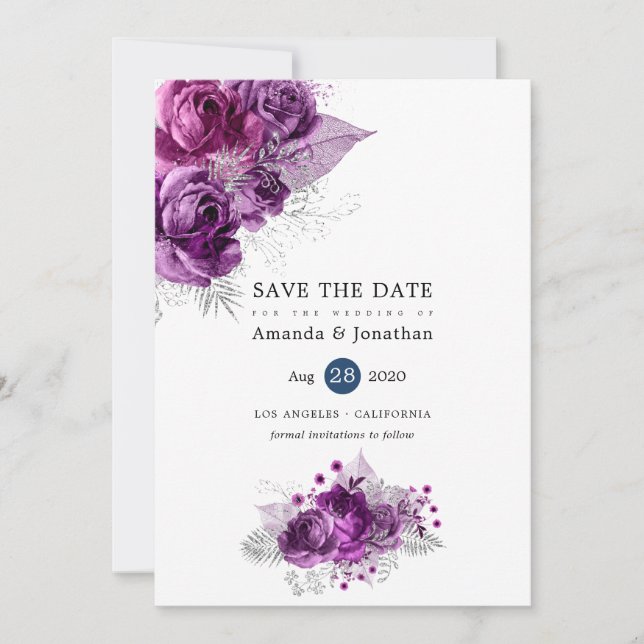 Plum and Navy Tropical Glitter Floral Wedding Save The Date (Front)