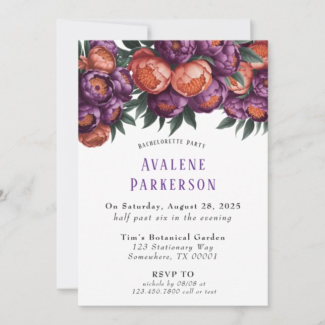 Plum and Orange Paint Peony Bachelorette Party Invitation (Front)