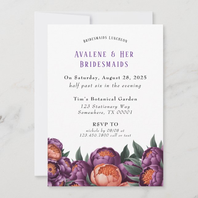 Plum and Orange Paint Peony Bridesmaids Luncheon Invitation (Front)