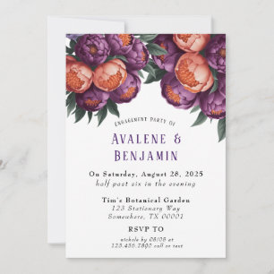 Plum and Orange Painted Peony Engagement Party Invitation