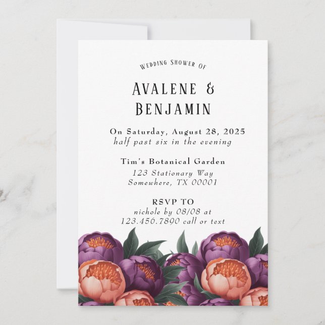 Plum and Orange Painted Peony Wedding Shower Invitation (Front)