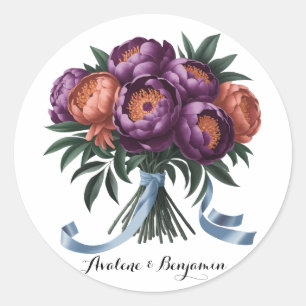 Plum and Orange Watercolor Peony Bouquet Wedding Classic Round Sticker