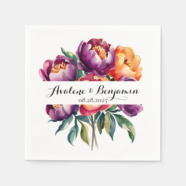 Plum and Orange Watercolor Peony Bouquet Wedding Napkin (Front)