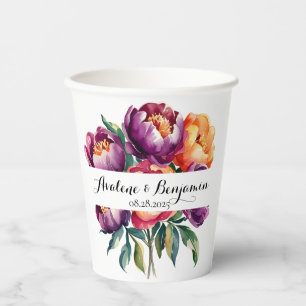 Plum and Orange Watercolor Peony Bouquet Wedding Paper Cups