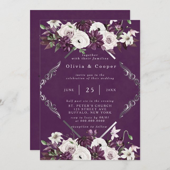 Plum and Silver Geometric Floral Wedding Invitation (Front/Back)