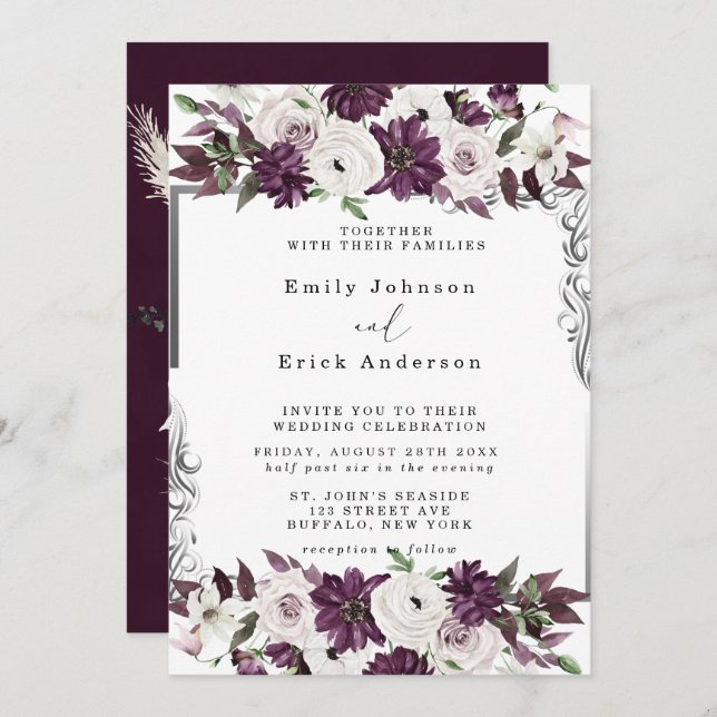Plum and Silver Geometric Floral Wedding Invitation (Front/Back)