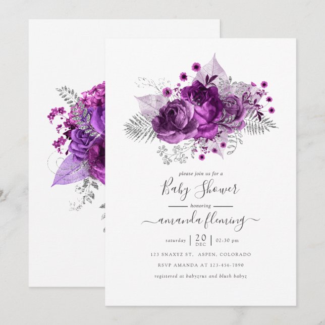 Plum and Silver Watercolor Floral Baby Shower Invitation (Front/Back)