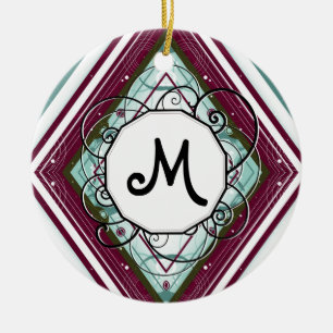 Plum and Teal Diamond Modern-Retro with Monogram Ceramic Tree Decoration