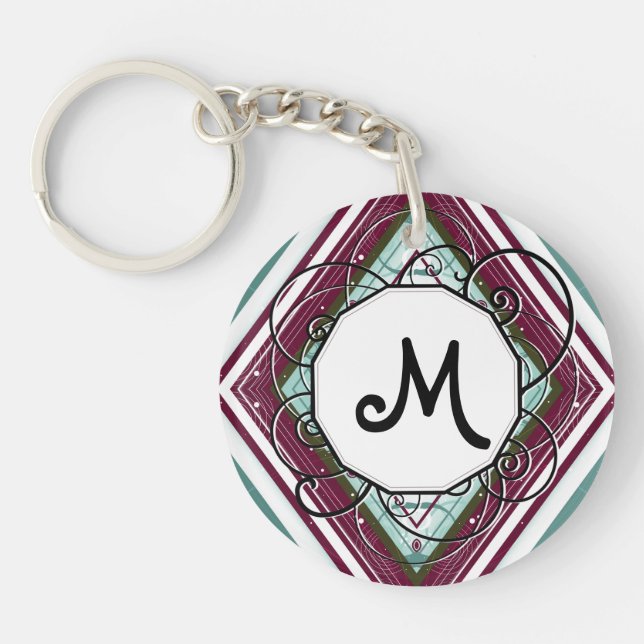 Plum and Teal Diamond Modern-Retro with Monogram Key Ring (Front)