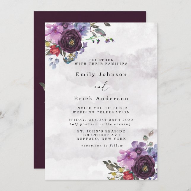 Plum and Violet Chic Peony Wedding Invitation (Front/Back)