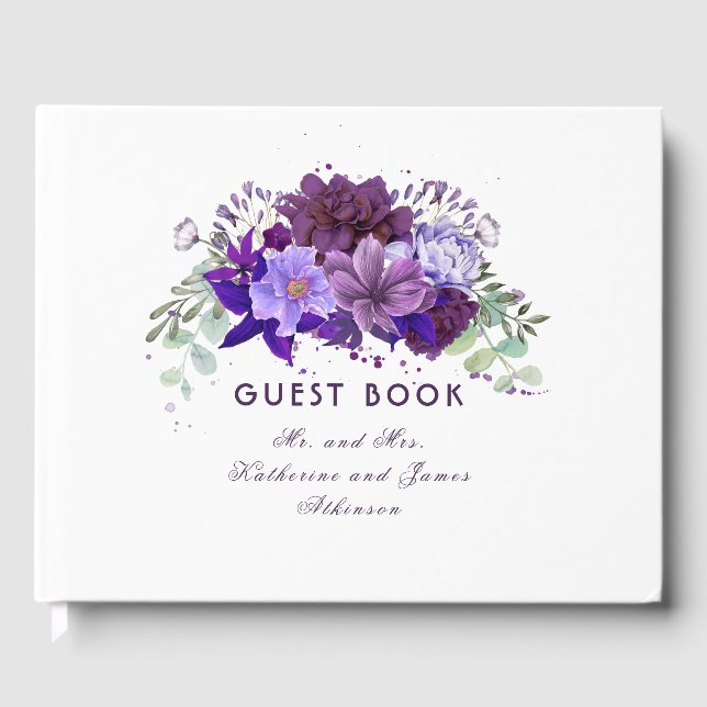 Plum and Violet Purple Floral Elegant Wedding Guest Book (Front)