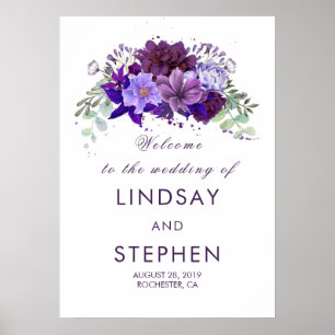 Plum and Violet Purple Floral Wedding Welcome Sign