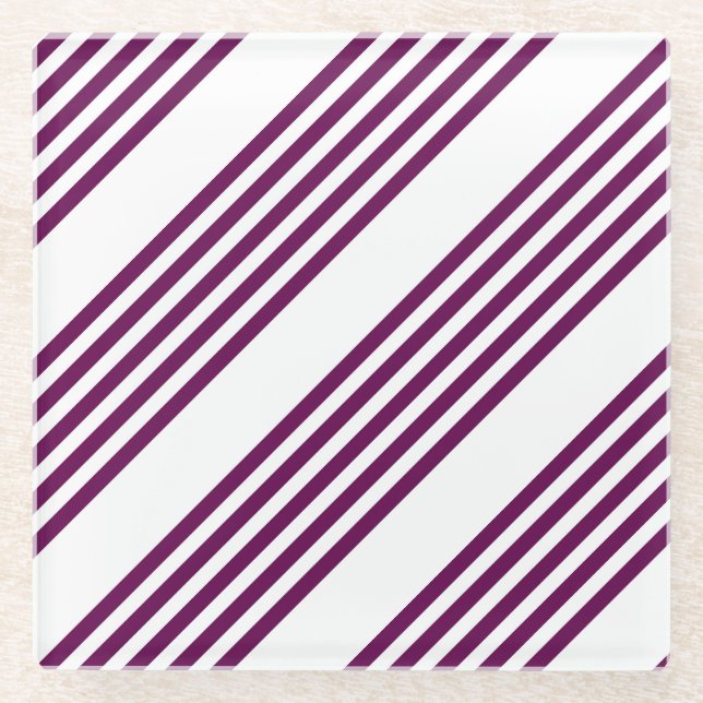 Plum and white five stripe pattern glass coaster (Front)