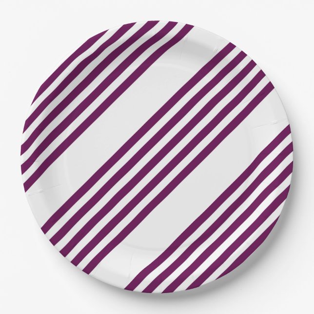 Plum and white five stripe pattern paper plate (Front)