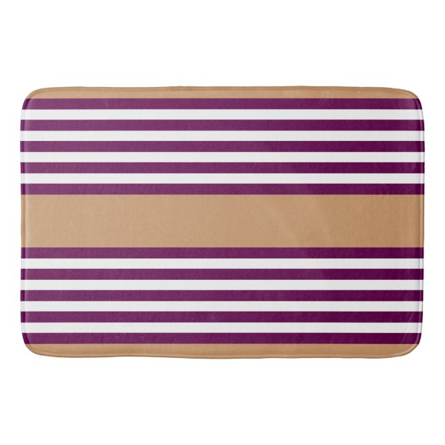 Plum and white five stripes pattern with tan bath mat (Front)