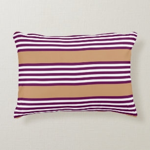 Plum and white five stripes pattern with tan decorative cushion