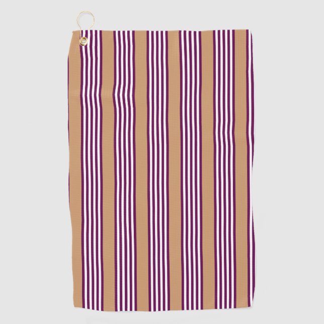 Plum and white five stripes pattern with tan golf towel (Front)