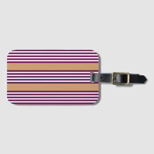 Plum and white five stripes pattern with tan luggage tag