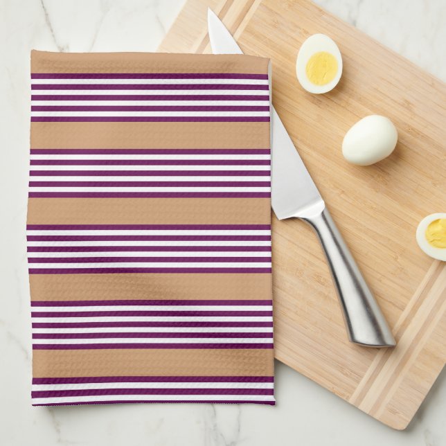 Plum and white five stripes pattern with tan tea towel (Quarter Fold)