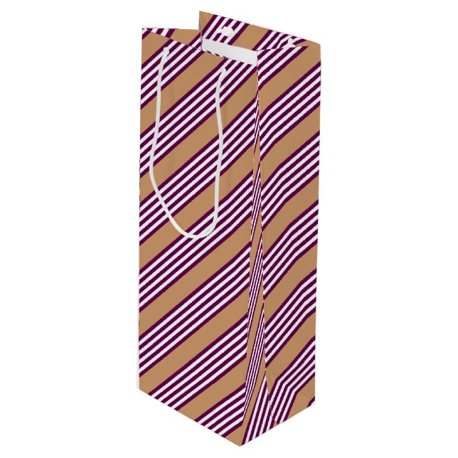 Plum and white five stripes pattern with tan wine gift bag (Front Angled)