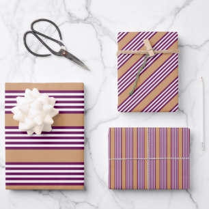 Plum and white five stripes pattern with tan wrapping paper sheet