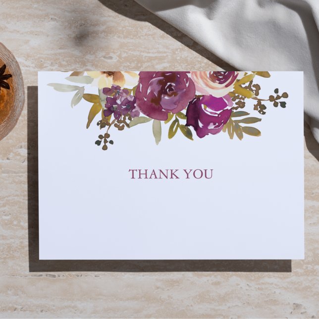 Plum and Yellow Rose Watercolor Thank You Card (Creator Uploaded)
