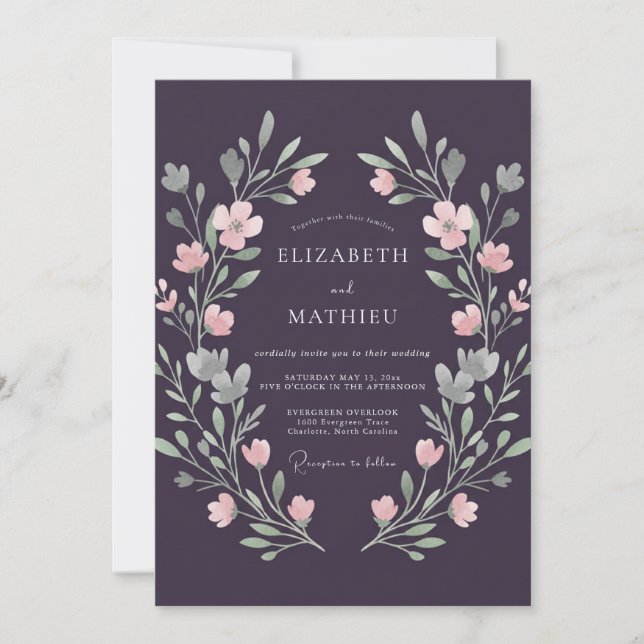 Plum Antique Silver Painted Wedding Invitation (Front)