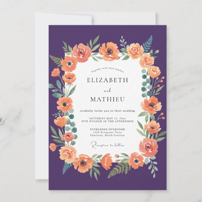 Plum Apricot Poppy Wedding Invitation (Front)
