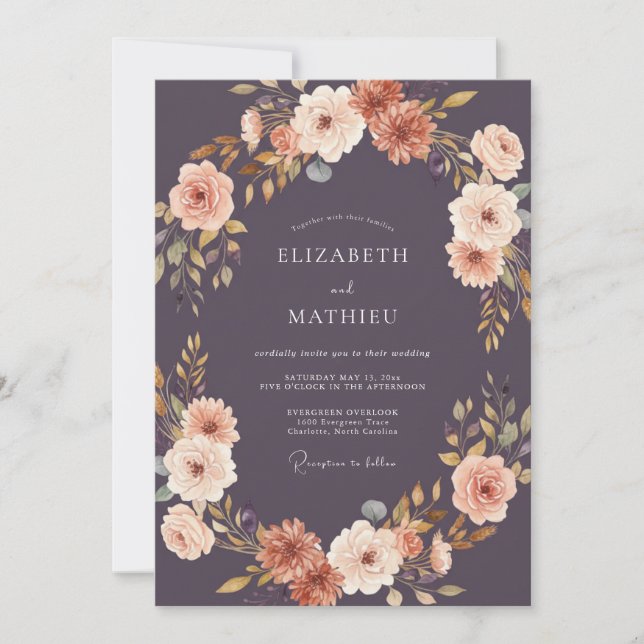 Plum Apricot Ranunculus Grey Eucalyptus Wedding Invitation (Front)