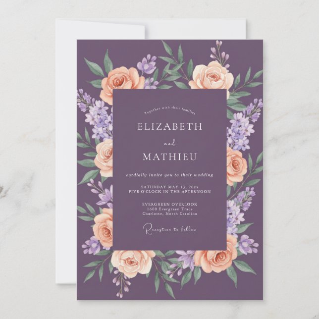 Plum Apricot Ranunculus Muted Eucalyptus Wedding Invitation (Front)