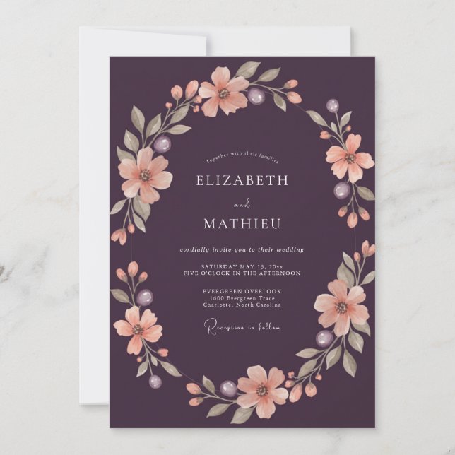 Plum Apricot Wreath Wedding Invitation (Front)
