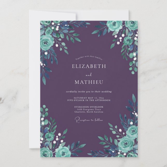 Plum Aqua Blossom Wedding Invitation (Front)