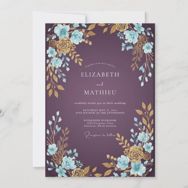 Plum Aqua Foliage Eucalyptus Wedding Invitation (Front)