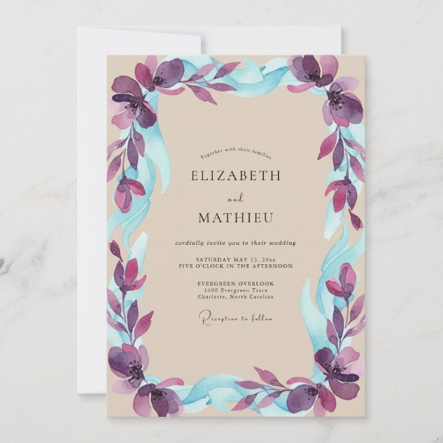 Plum Aqua Foliage Grey Eucalyptus Wedding Invitation (Front)