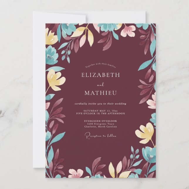 Plum Aqua Foliage Sage Wedding Invitation (Front)