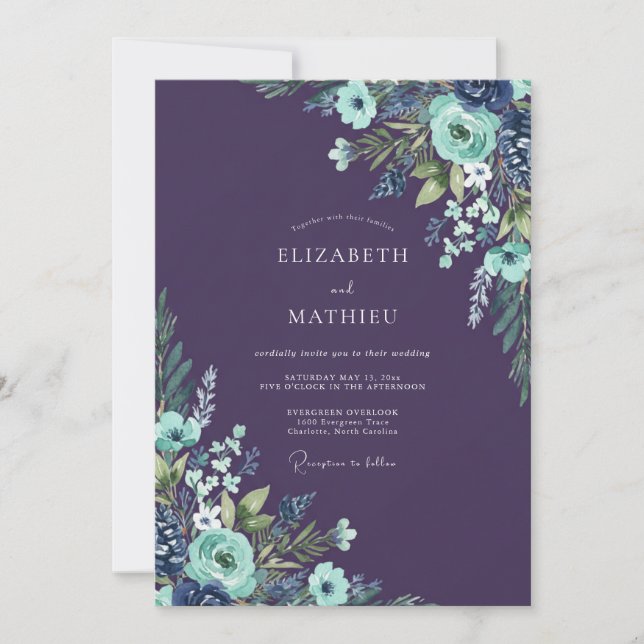 Plum Aqua Ranunculus Eucalyptus Wedding Invitation (Front)