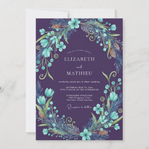 Plum Aqua Wreath Wedding Invitation