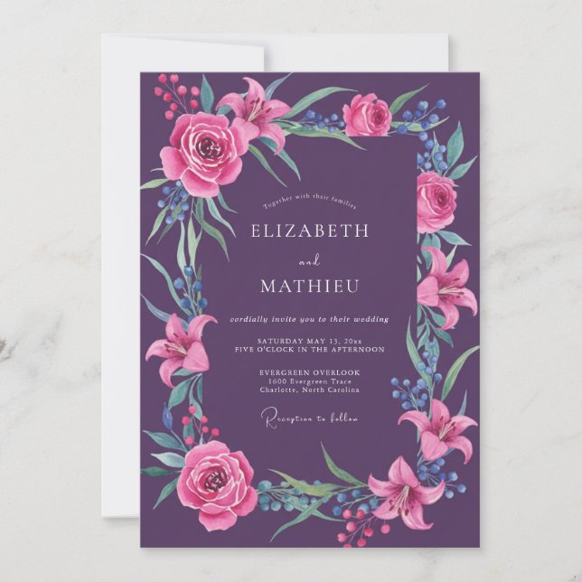 Plum Artistic Floral Embrace Wedding Invitation (Front)