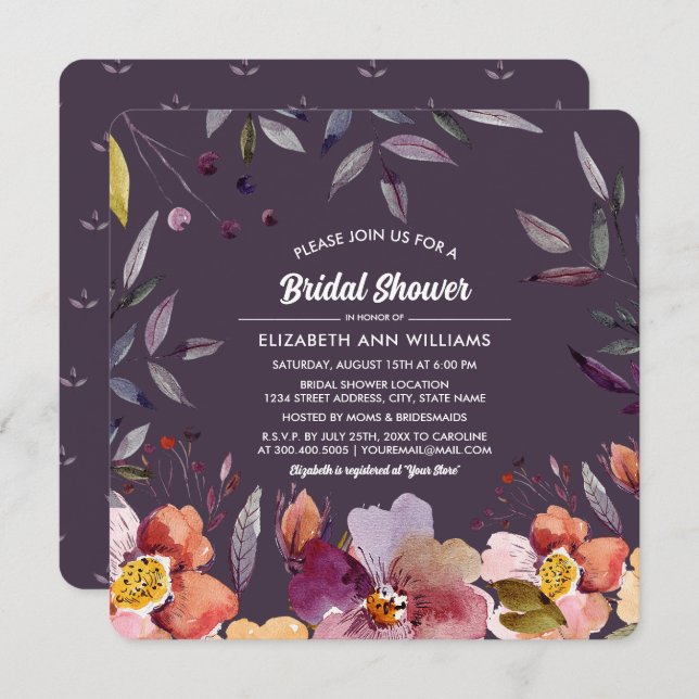 Plum Autumn Floral Bridal Shower  Invitation (Front/Back)
