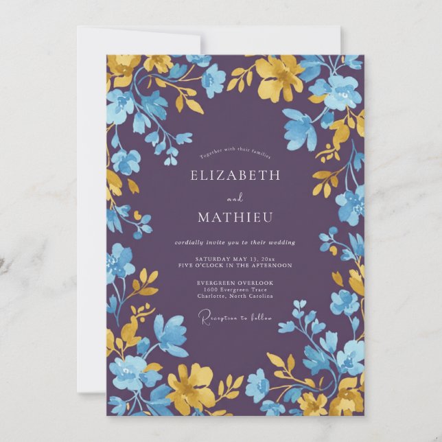 Plum Azure Petal Wedding Invitation (Front)