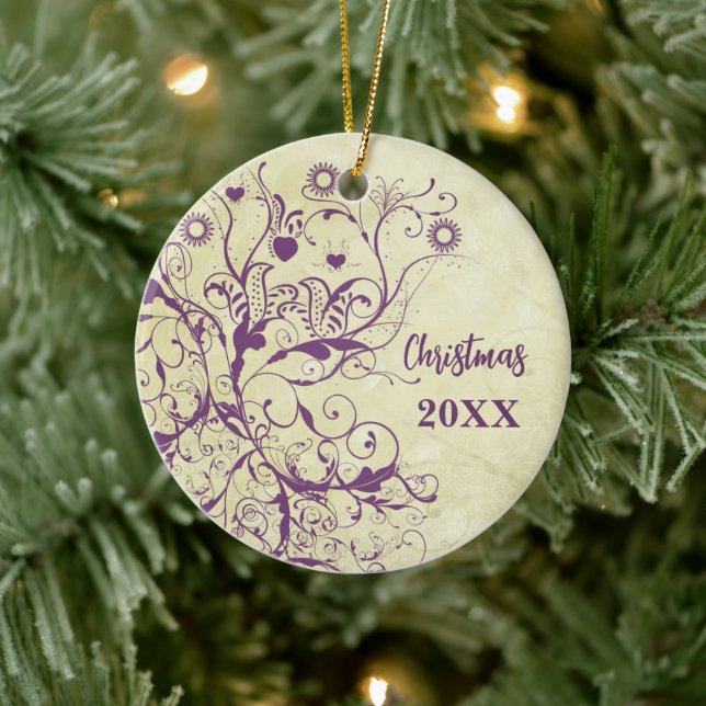Plum Bird Swirls Christmas Couples Photo Ornament (Tree)
