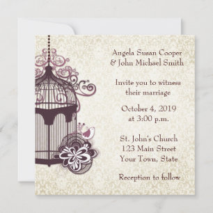 Plum Birdcage, Damask Invitation