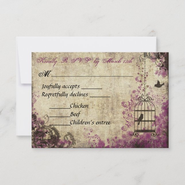 Plum Birdcage Vintage Wedding RSVP (Front)